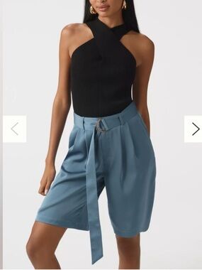 Anthropologie Bishop + Young Silky Pleated Bermuda Shorts Size XS Dusty Teal